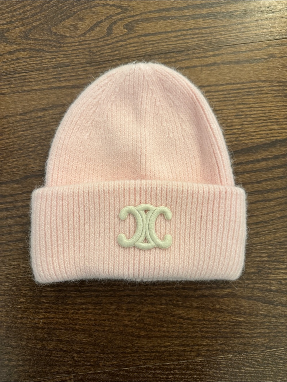 Celine Pale Pink Knit Beanie with Cream Logo Patch